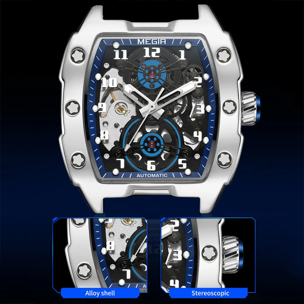 MEGIR Fashion Sport Alloy Case Men Mechanics Watch Waterproof Silicone Band Barrel Shaped Dial Luminous Pointer Man Wristwatches