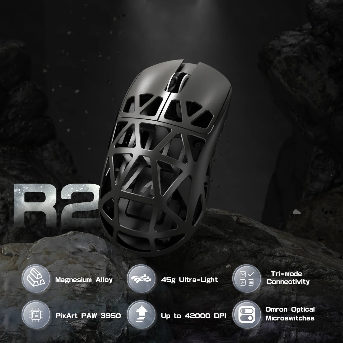 ATTACK SHARK R2 gamingmus i magnesiumlegering PAW3950, tri-mode, 8000hz, 42000 DPI, 45g ultralätt, mikrobrytare med 100M klick