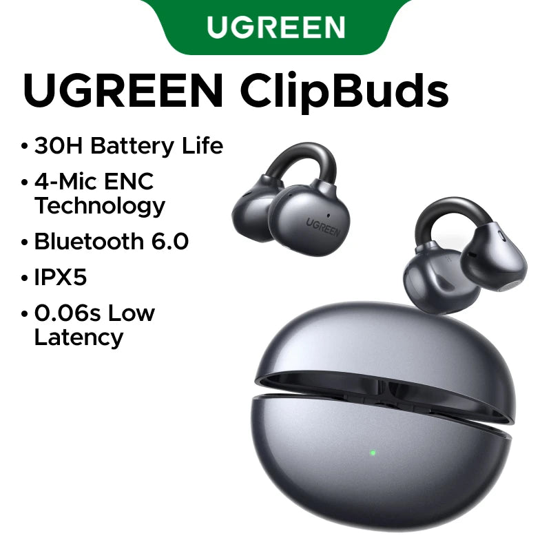 UGREEN ClipBuds Open-Ear Wireless Bluetooth 6.0 Earbuds with 4 Mic Clear Call, 30H Playtime Clip-On Earphones, Waterproof Sport Headphones