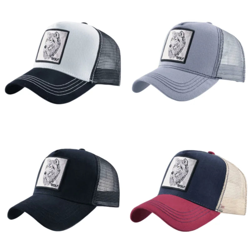 Boné de basebol trucker em malha respirável com bordado Wolf Patch, ajustável, estilo hip hop, para homem e mulher, com pala e fecho snapback, ideal para exterior e oferta