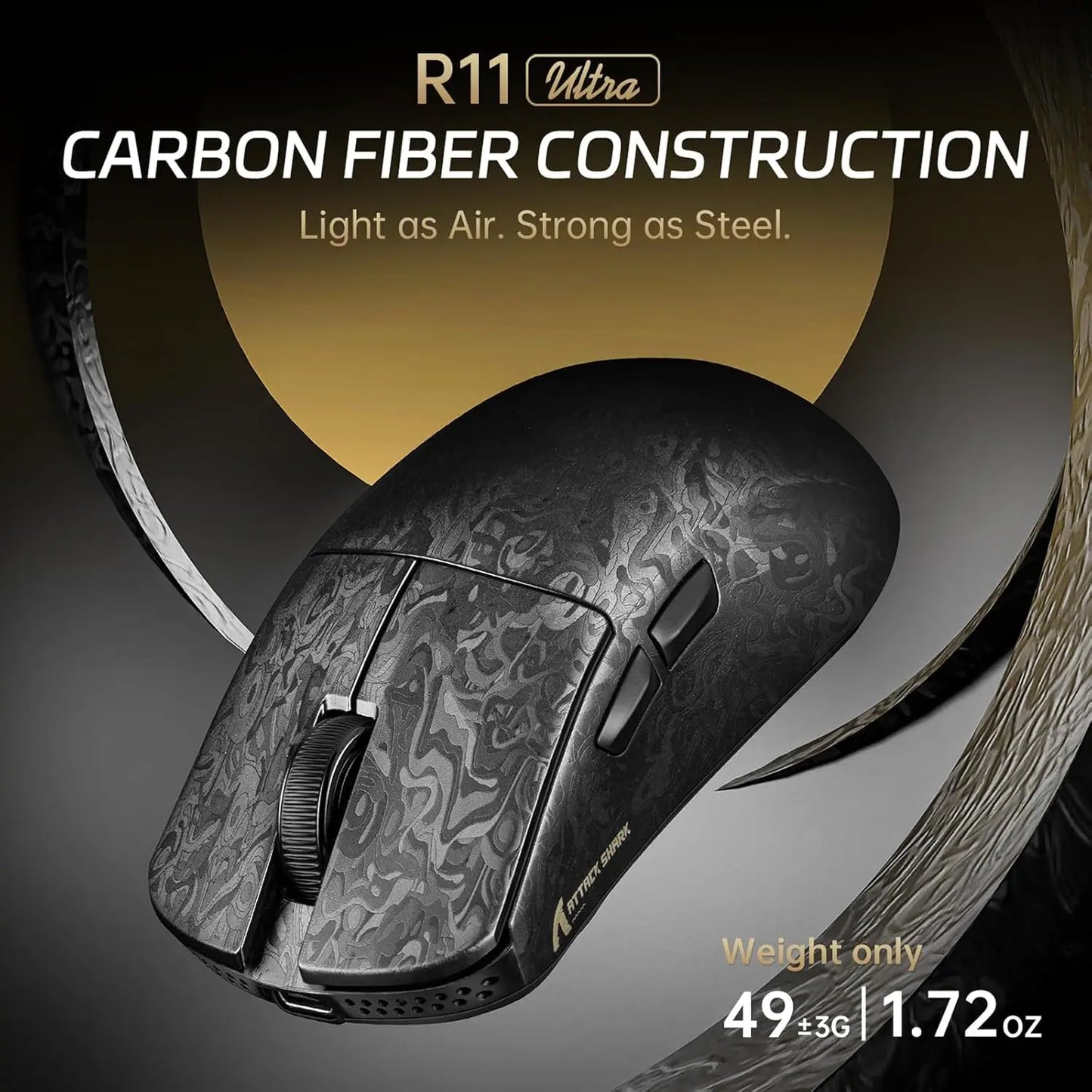 Ratón gaming inalámbrico ATTACK SHARK R11 ULTRA de fibra de carbono 49g 8000Hz, 42000 DPI, 20000 FPS, PAW3950MAX, chip Nordic 52840