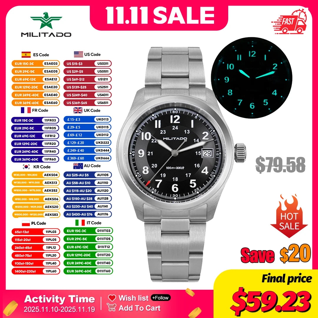 Militado ML08 Quartz Watch Ronda 515 Movement Domed Sapphire Wristwatch BGW9 Luminous 10Bar Waterproof 38mm Vintage Watches