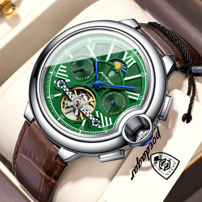 POEDAGAR Luxus-Herrenuhr – Mechanisches Automatikmodell mit Datums- und Wochentagsanzeige, Lederarmband, Tourbillon, wasserdicht, eleganter und professioneller Stil.