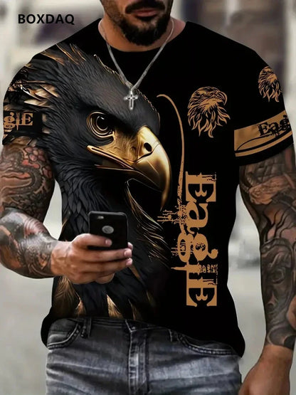 T-shirts Fashion Eagle para homem, corte largo, gola redonda, tops casuais de manga curta, estampado 3D de animal, T-shirt streetwear, tamanho grande 6XL, tee respirável