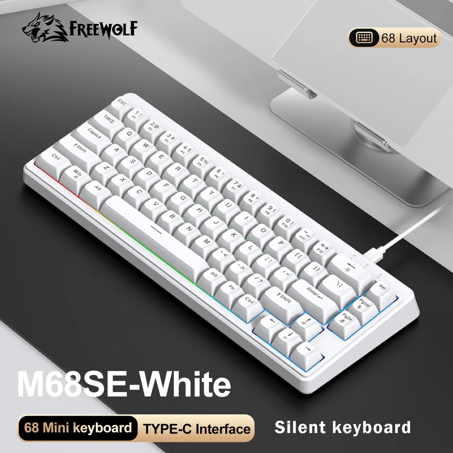 FREEWOLF M68SE tastiera mini cablata a 68 tasti, retroilluminazione RGB, Type-C, layout 68%, compatta, per gaming, ufficio, PC e laptop