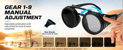 Adjustable 9-Gear ND Filter Steampunk Sunglasses UV400 Round Retro Punk Sun Glasses with Side Shields Leather Patch for Men Wome