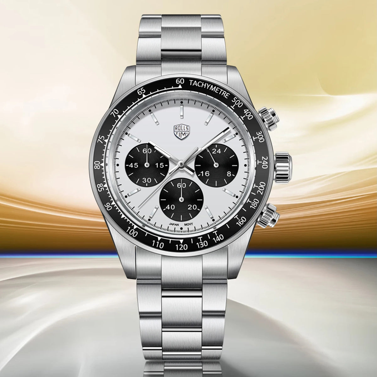 Herreur Rolls Timi Panda – Kvarts-kronograf, luksusmodel, safirglas med antirefleksbehandling, vandtæt, sporty stil