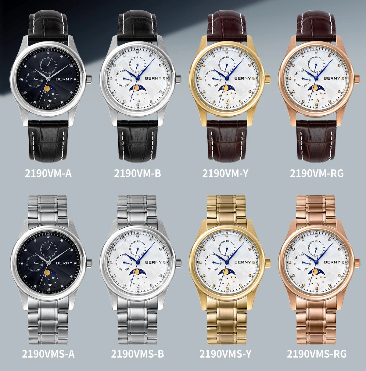 BERNY Men's Watch Date Weeks Moon Phase Quartz Watches for Men Stainless Steel Leather Strap Business Wristwatch Male Clock