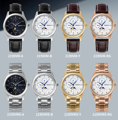 BERNY Men's Watch Date Weeks Moon Phase Quartz Watches for Men Stainless Steel Leather Strap Business Wristwatch Male Clock