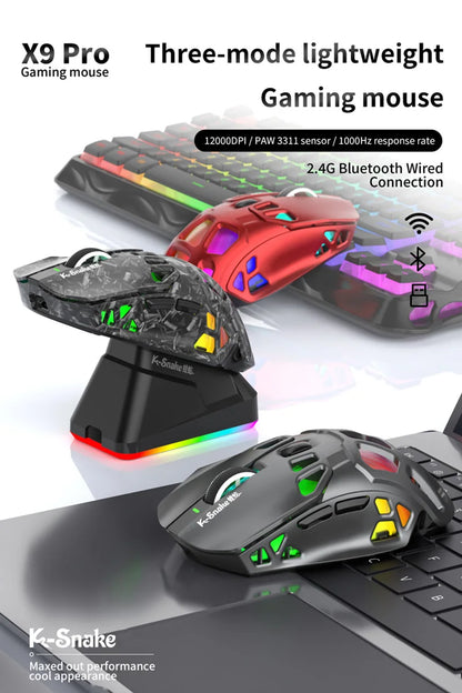 Lenovo Tri-Mode Gaming Mouse Wireless with RGB Charging Dock, 12000DPI Ergonomic Rechargeable Mouse, Bluetooth 2.4G USB Mouse for PC Laptop