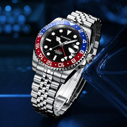 GUANQIN GMT Reloj para hombre 2025 nuevo reloj automático para hombre NH34 reloj mecánico de pulsera con cristal de zafiro y acero inoxidable para mano izquierda