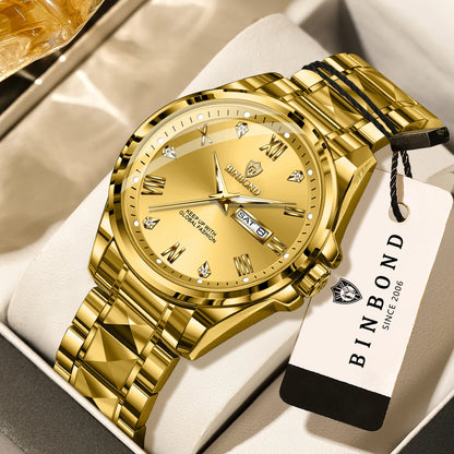 BINBOND men’s quartz wristwatch – Professional style, luxurious, luminous, robust and durable, water-resistant, with automatic date and day-of-the-week display.