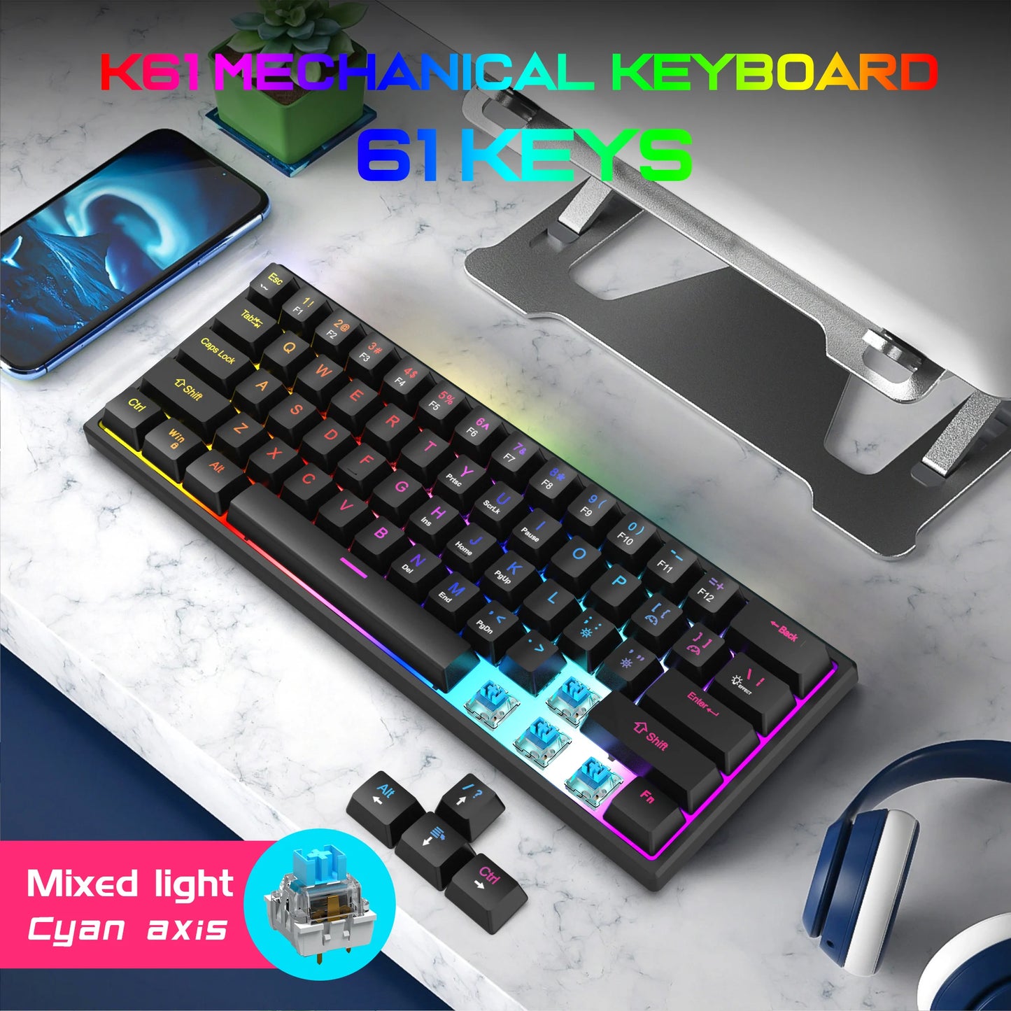 Teclado Gaming com Fio de 104 Teclas com Sensação Mecânica para Portátil e PC, Ergonómico, Retroiluminado RGB, 61 Teclas, Switches Cyan e Keycaps