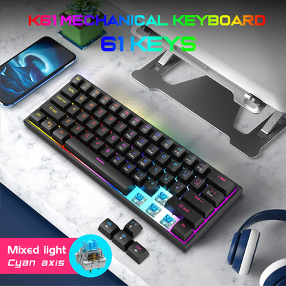 Teclado Gaming com Fio de 104 Teclas com Sensação Mecânica para Portátil e PC, Ergonómico, Retroiluminado RGB, 61 Teclas, Switches Cyan e Keycaps