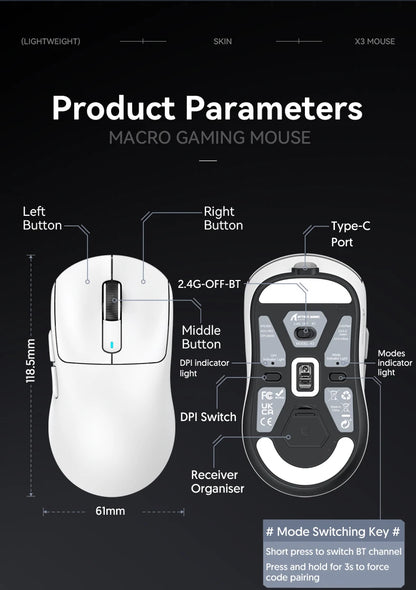 Bezdrátová herní myš X3 ATTACK SHARK v červené barvě, 4K návratnost, Bluetooth tri-mode připojení, PAW3395, makro Bluetooth herní myš