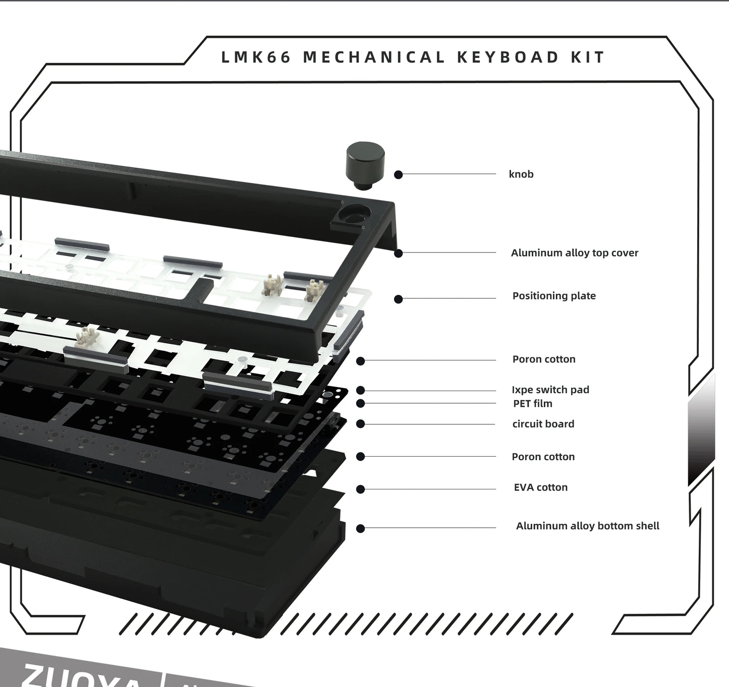 ZUOYA LMK66 3 Mode Mechanical Keyboard Kit Aluminum Wireless Gaming Keyboard 60% Bluetooth 2.4G RGB Hotswap Gasket Structure