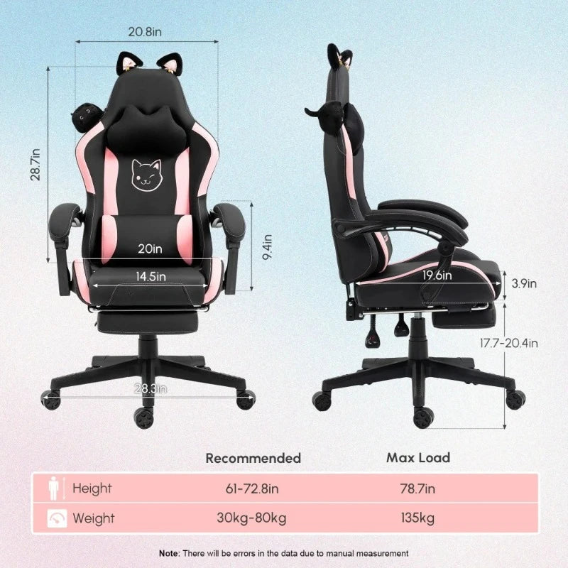 Cadeira Gaming Kawaii Cor-de-Rosa com Orelhas de Gato, Apoio para os Pés, Encosto Alto Ergonómico e Apoio Lombar com Pata de Gato