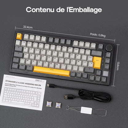 Distribución ISO-FR EPOMAKER X AJAZZ AK820 PRO 75% AZERTY francés, teclado mecánico hot-swap con cable/BT/inalámbrico 2.4GHz para Win/Mac/PC