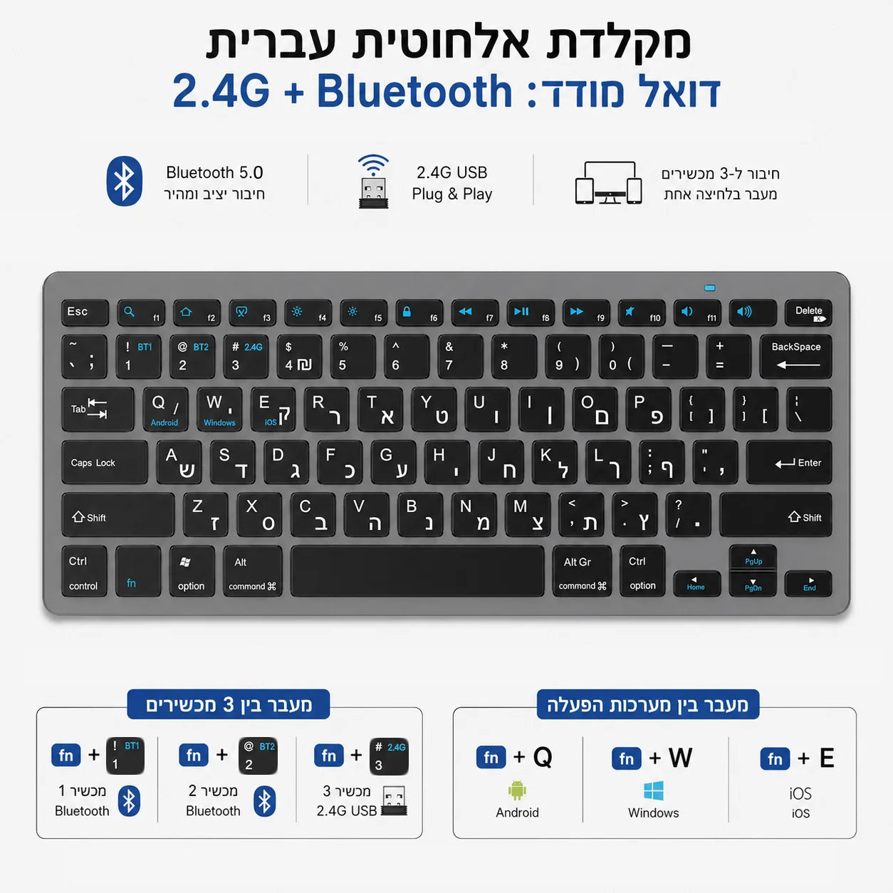 Teclado inalámbrico con distribución hebreo-inglés, Bluetooth y 2.4G de doble modo, delgado, compacto y ergonómico para Windows, iOS y Android