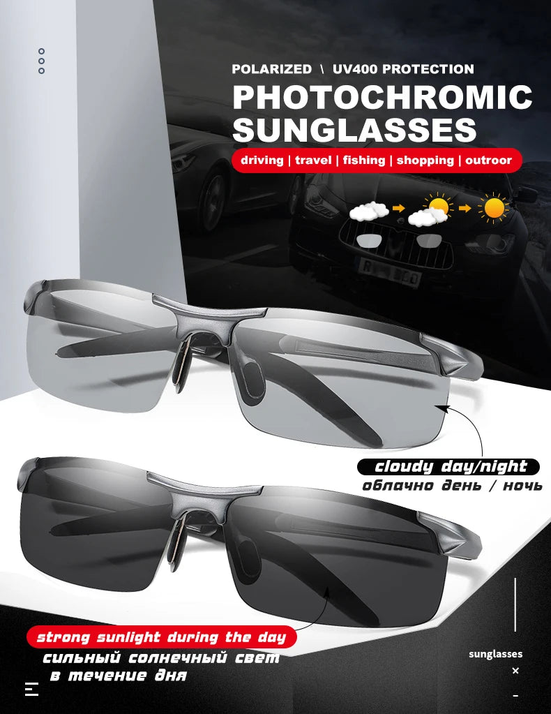 CLLOIO Aluminum Rimless Photochromic Sunglasses Men Polarized Driving Chameleon Anti-Glare Glasses Travel Fishing Goggle UV400