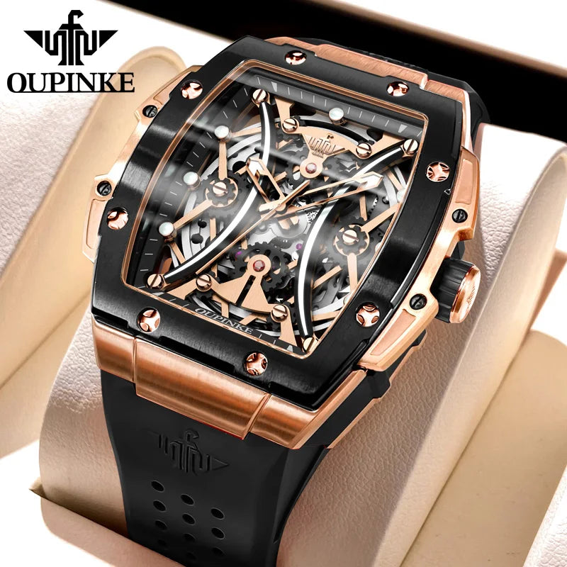 Reloj OUPINKE para hombre, clásico de lujo, esfera tonneau, marca premium original, movimiento mecánico automático, correa de silicona, cristal de zafiro, nuevo