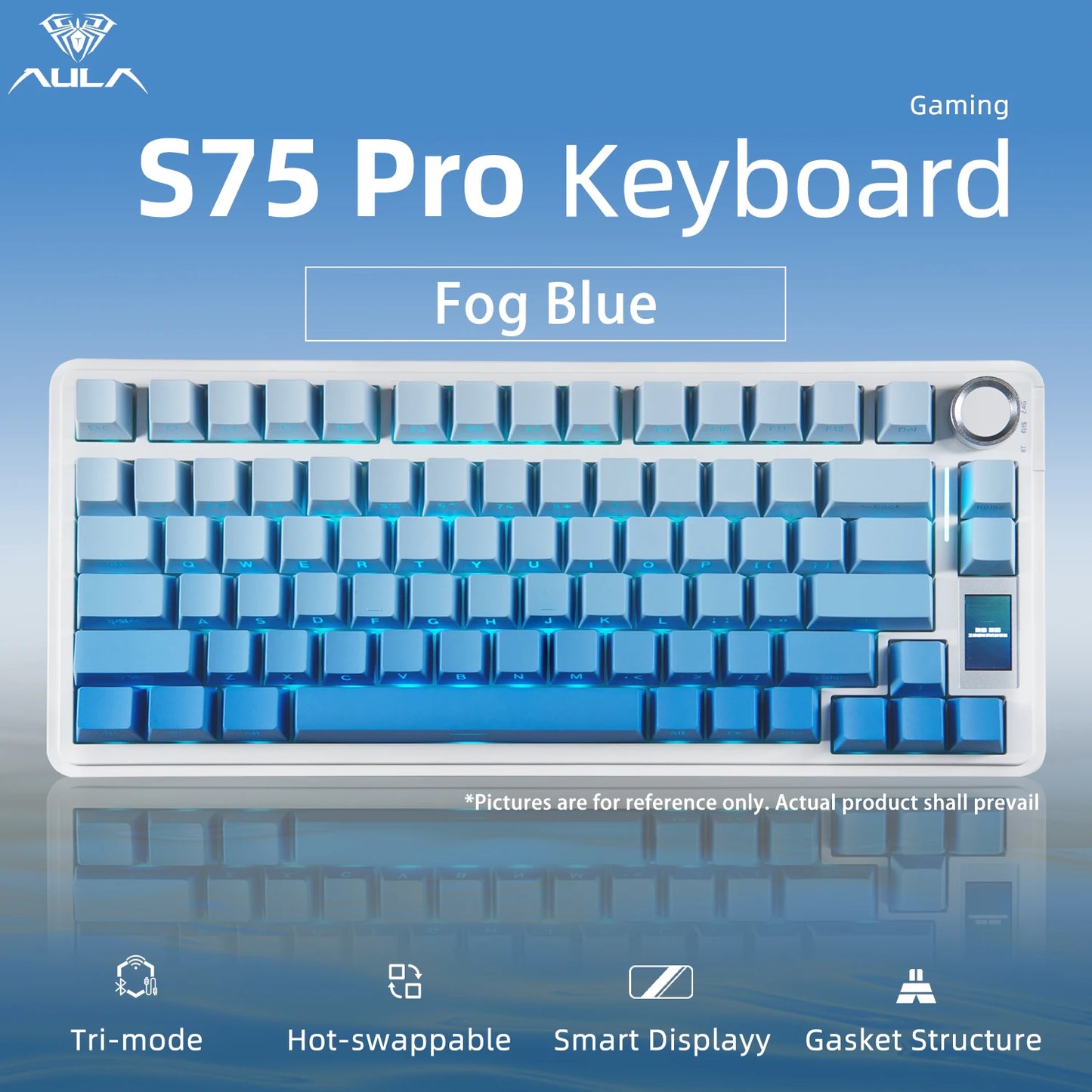 Tastiera meccanica AULA S75 PRO 75% layout personalizzato, retroilluminazione RGB, wireless Bluetooth, tastiera da gaming con schermo e manopola