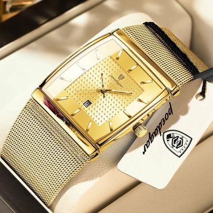 Montre pour homme POEDAGAR, modèle de luxe, bracelet en maille d'acier inoxydable, affichage de la date, étanche, aiguilles luminescentes, style décontracté, boîtier rectangulaire, mouvement à quartz.