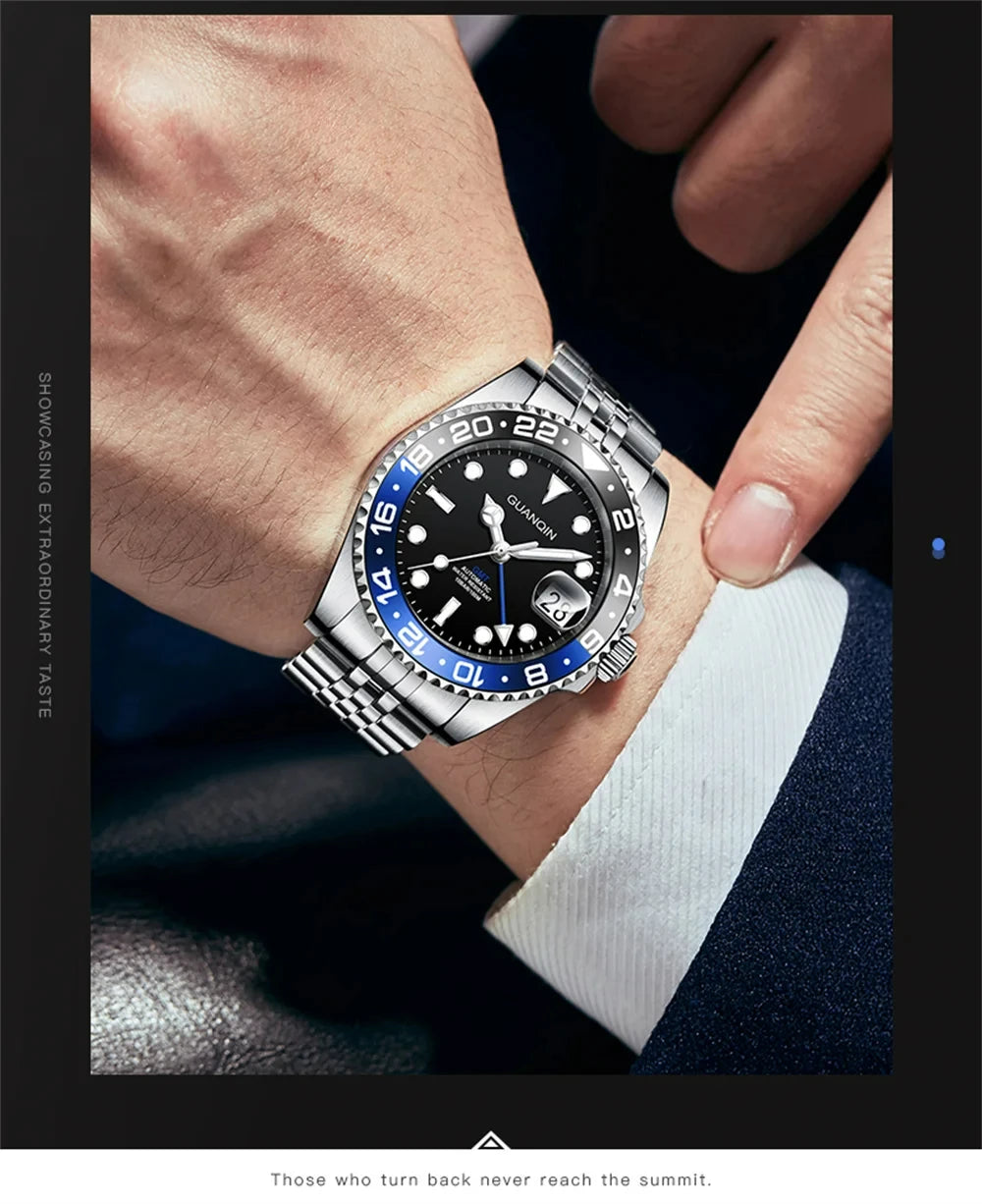 GUANQIN GMT Reloj para hombre 2025 nuevo reloj automático para hombre NH34 reloj mecánico de pulsera con cristal de zafiro y acero inoxidable para mano izquierda