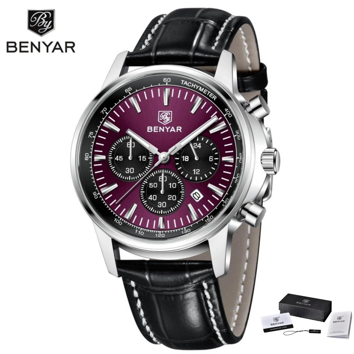 Benyar Luxus-Herrenuhr – Chronograph mit Datumsanzeige, Lederarmband, wasserdicht, leuchtend, sportlicher und militärischer Stil, Quarzuhr