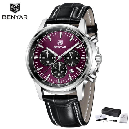 Benyar Luxus-Herrenuhr – Chronograph mit Datumsanzeige, Lederarmband, wasserdicht, leuchtend, sportlicher und militärischer Stil, Quarzuhr
