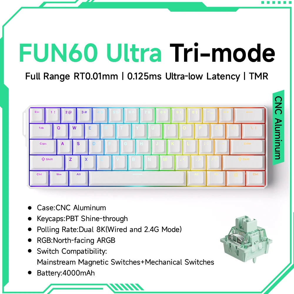 Tastiera gaming meccanica Akko MonsGeek FUN60 Ultra con switch magnetici, 60%, Rapid Trigger 8K HE/TMR, tastiera gamer personalizzata in alluminio