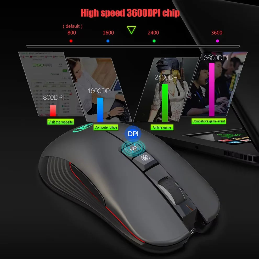Rato sem fios recarregável por USB para destros, rato Type-C para portátil e computador, clique silencioso, retroiluminado, rato gaming 3600cpi