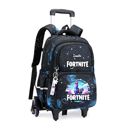 Mochila com Rodas Fortnite Anime, Impermeável, de Grande Capacidade, para Estudante — Saco Escolar Casual de Viagem com Carrinho e Subida Fácil de Escadas