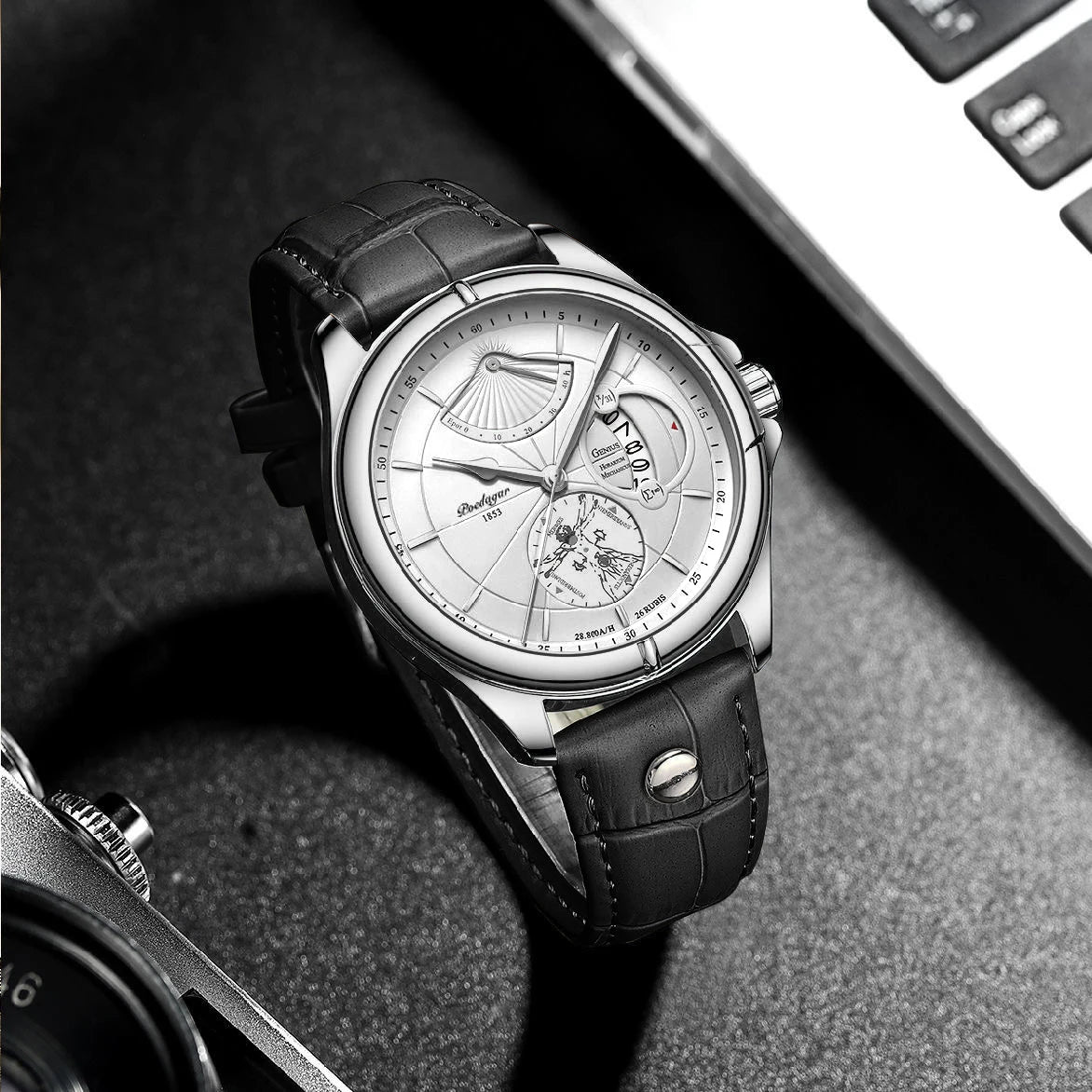 POEDAGAR quartz-polshorloge voor heren – Zakelijke, luxe stijl, waterdicht, verlicht, met datumweergave en leren band – Elegant herenhorloge