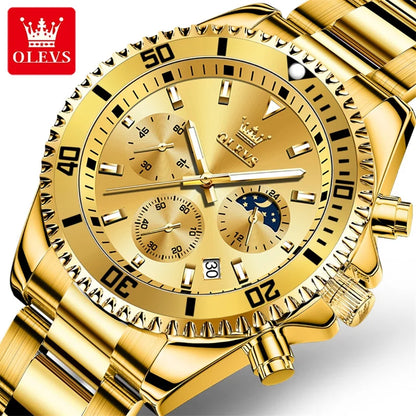 OLEVS Herrenuhr, Luxusmarke, vergoldete Quarz-Militäruhr, wasserdicht, leuchtendes Datum, Edelstahlgehäuse.