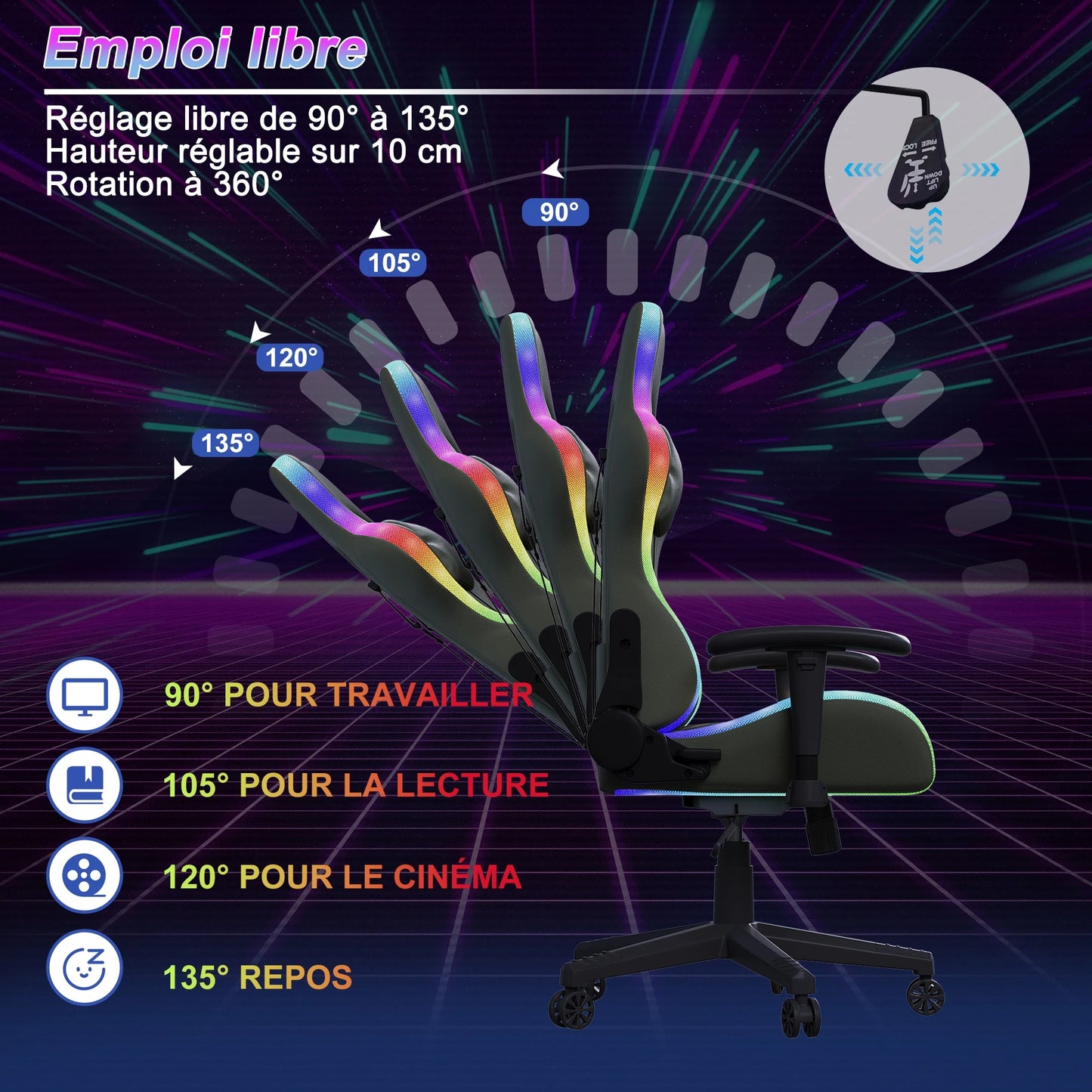 Ergonomic Office Chair with Lumbar Massage, RGB LED Lighting, Reclining Backrest, Adjustable Armrests & Executive Gaming Chair for Home Office