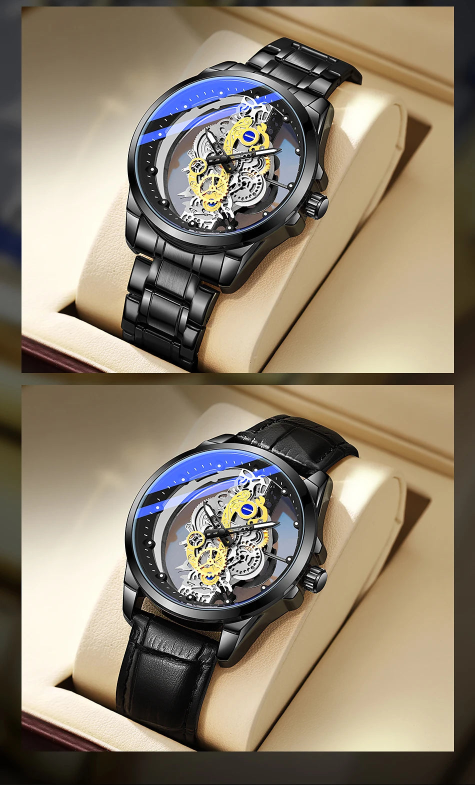 Montre-bracelet pour homme TPW – Style tendance, modèle « squelette » (noir, doré ou bleu), mouvement à quartz (non automatique), accessoire de luxe, collection – Vente en gros