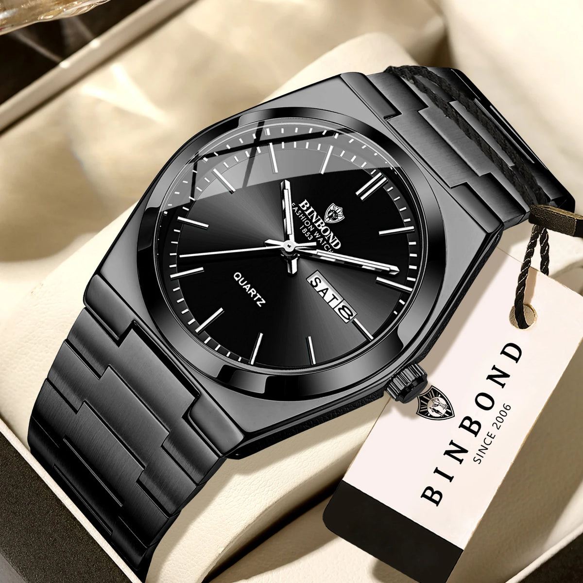 Montre-bracelet à quartz de luxe BINBOND, lumineuse, étanche, jour de la semaine, date automatique, bracelet en acier, style business, sport, mode et décontracté.