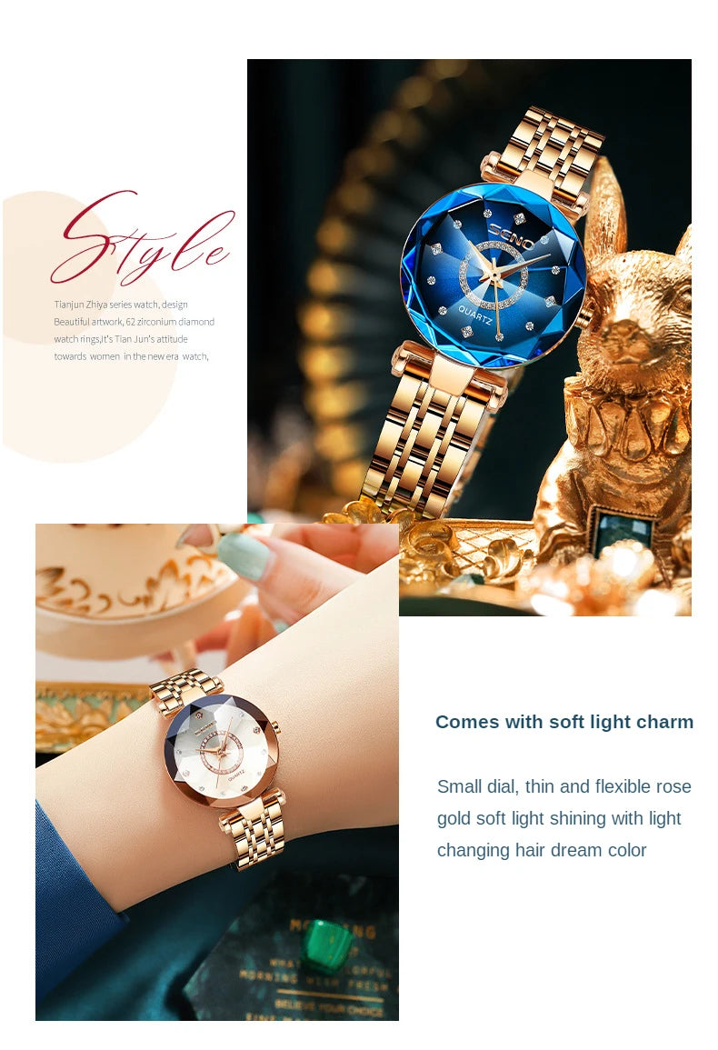 SENO Ocean Star Women Crystal Watch 2025 Top Brand Luxury Rose Gold Women Bracelet Watch For Ladies Wrist Watch Relogio Feminino