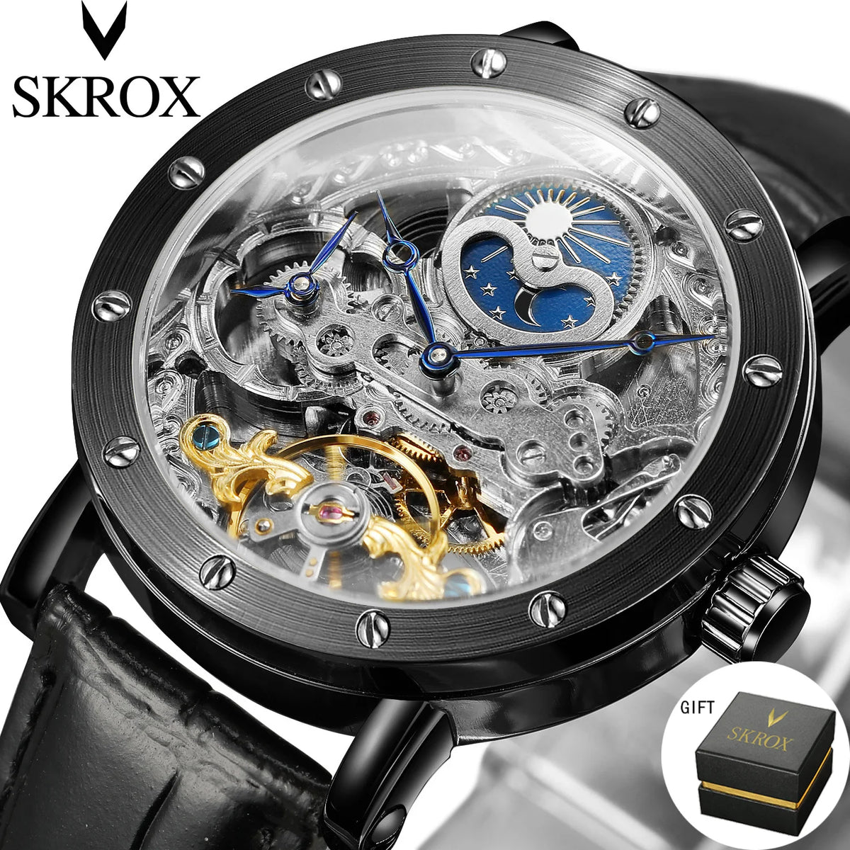 SKROX vyriškas automatinis mechaninis rankinis laikrodis, skeleto modelis su GMT funkcija, mėnulio fazėmis ir turbiljonu – prabangus, aukščiausios klasės, elegantiškas ir originalus laikrodis.