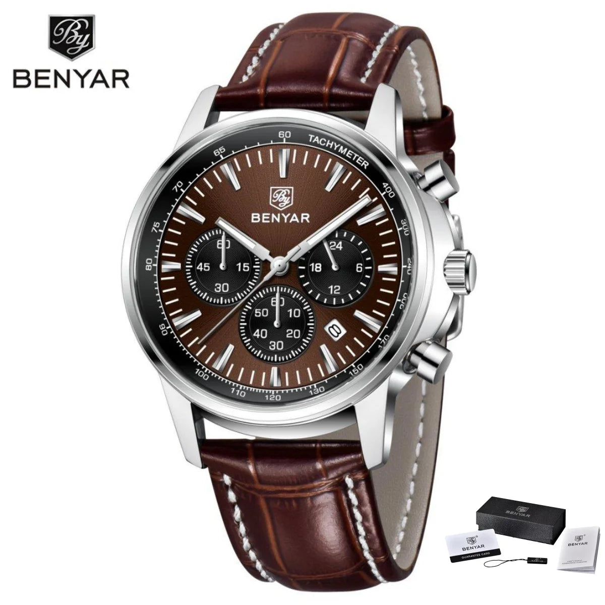 Benyar Luxus-Herrenuhr – Chronograph mit Datumsanzeige, Lederarmband, wasserdicht, leuchtend, sportlicher und militärischer Stil, Quarzuhr