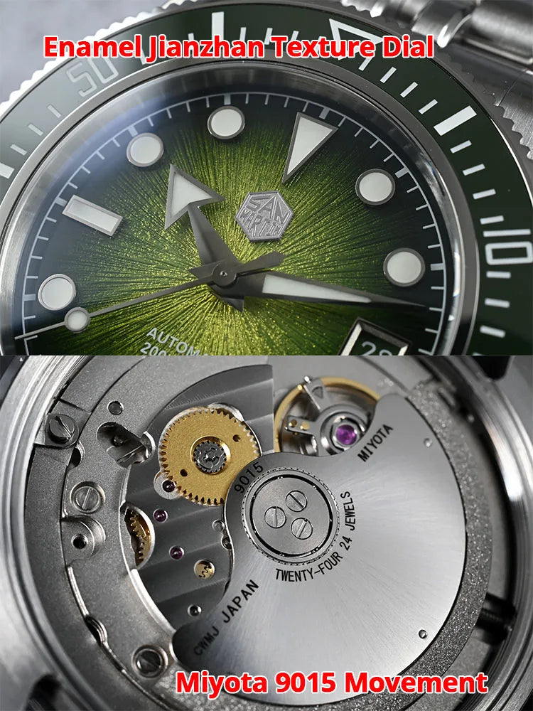 Relógio de mergulho de luxo para homem San Martin 40mm Miyota 9015, mostrador em esmalte sunburst, relógio de pulso mecânico automático, resistente à água 200m, SN0148