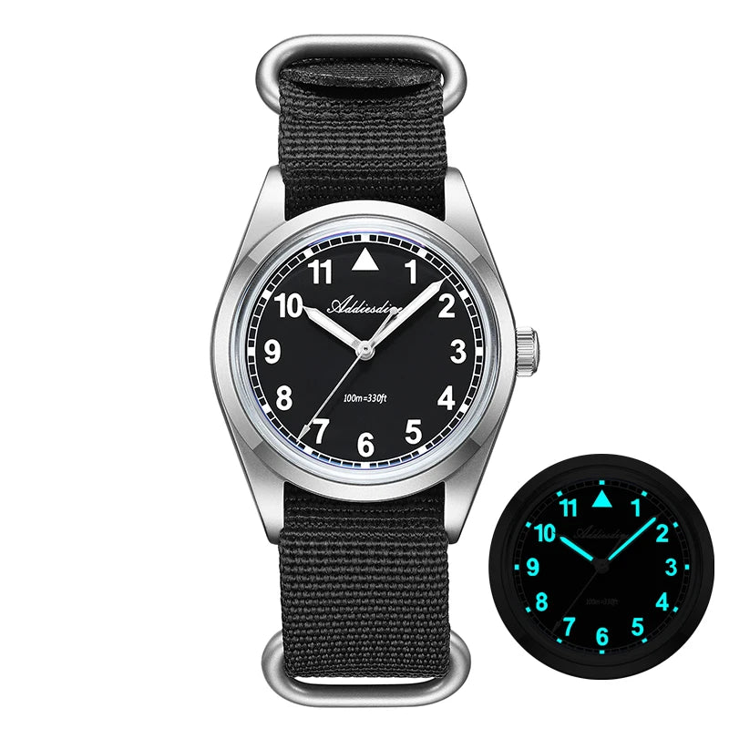 Relógio analógico masculino ADDIESDIVE 36mm com vidro espelhado bolha, 100m à prova de água, luminoso, simples, em quartzo, com bracelete em nylon