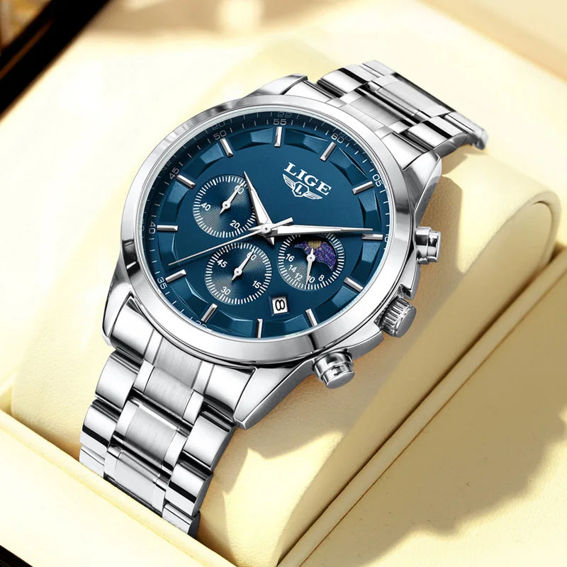 Montre pour homme LIGE – Chronographe à quartz de luxe, étanche (3 bars), avec aiguilles luminescentes
