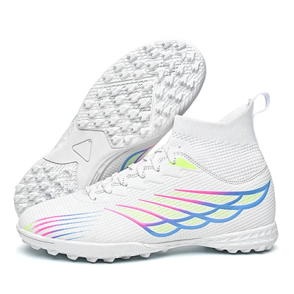 Chaussures de football à crampons TF pour terrain synthétique, modèle à tige haute et coupe ajustée, chaussures de football à lacets avec empeigne respirante en tissu, semelle en caoutchouc antidérapante et durable, ch