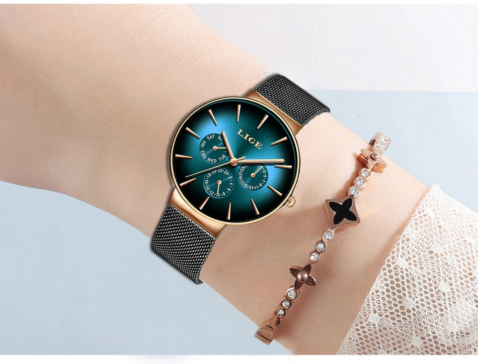 Relógio feminino LIGE, elegante e moderno – Estilo desportivo e descontraído, bracelete em malha, movimento de quartzo, indicação da data e do dia, resistente à água.