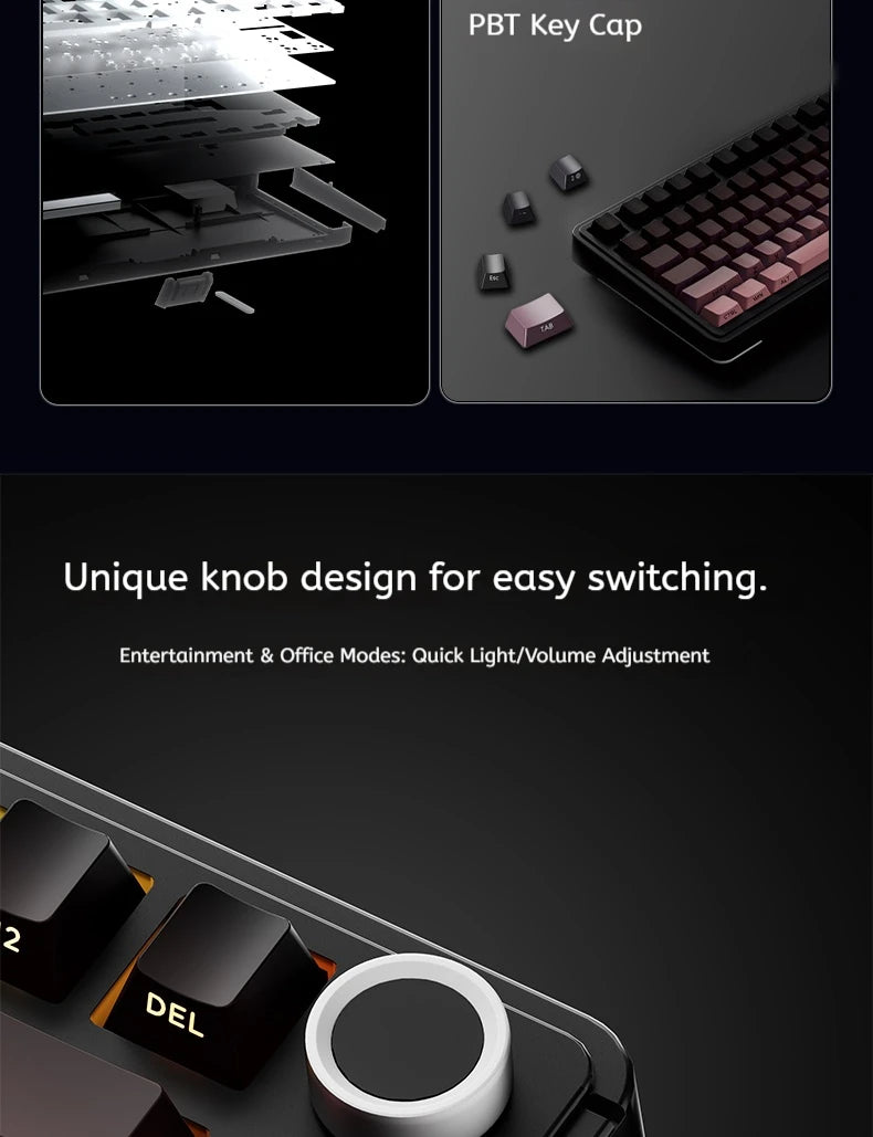 Tastiera meccanica AULA S75 PRO 75% layout personalizzato, retroilluminazione RGB, wireless Bluetooth, tastiera da gaming con schermo e manopola