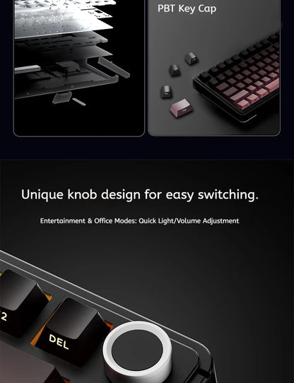 Tastiera meccanica AULA S75 PRO 75% layout personalizzato, retroilluminazione RGB, wireless Bluetooth, tastiera da gaming con schermo e manopola