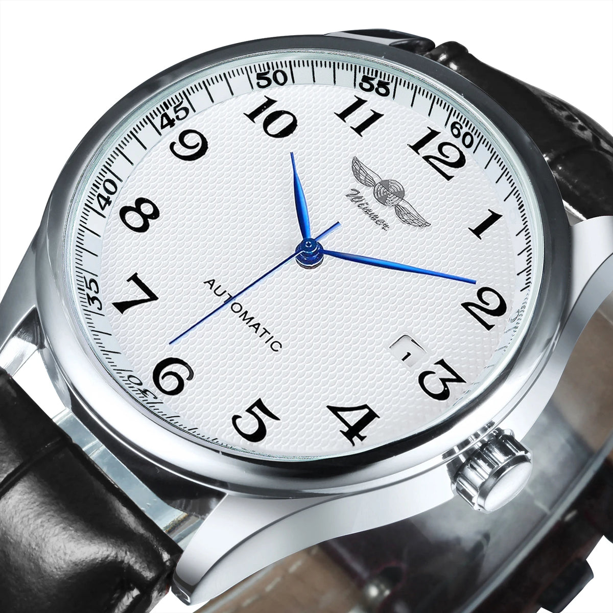 Klassische Herrenuhr – Retro-Design mit Kalender und blauen Zeigern, mechanisches Automatikwerk, renommierte Marke, Edelstahlgehäuse und Lederarmband