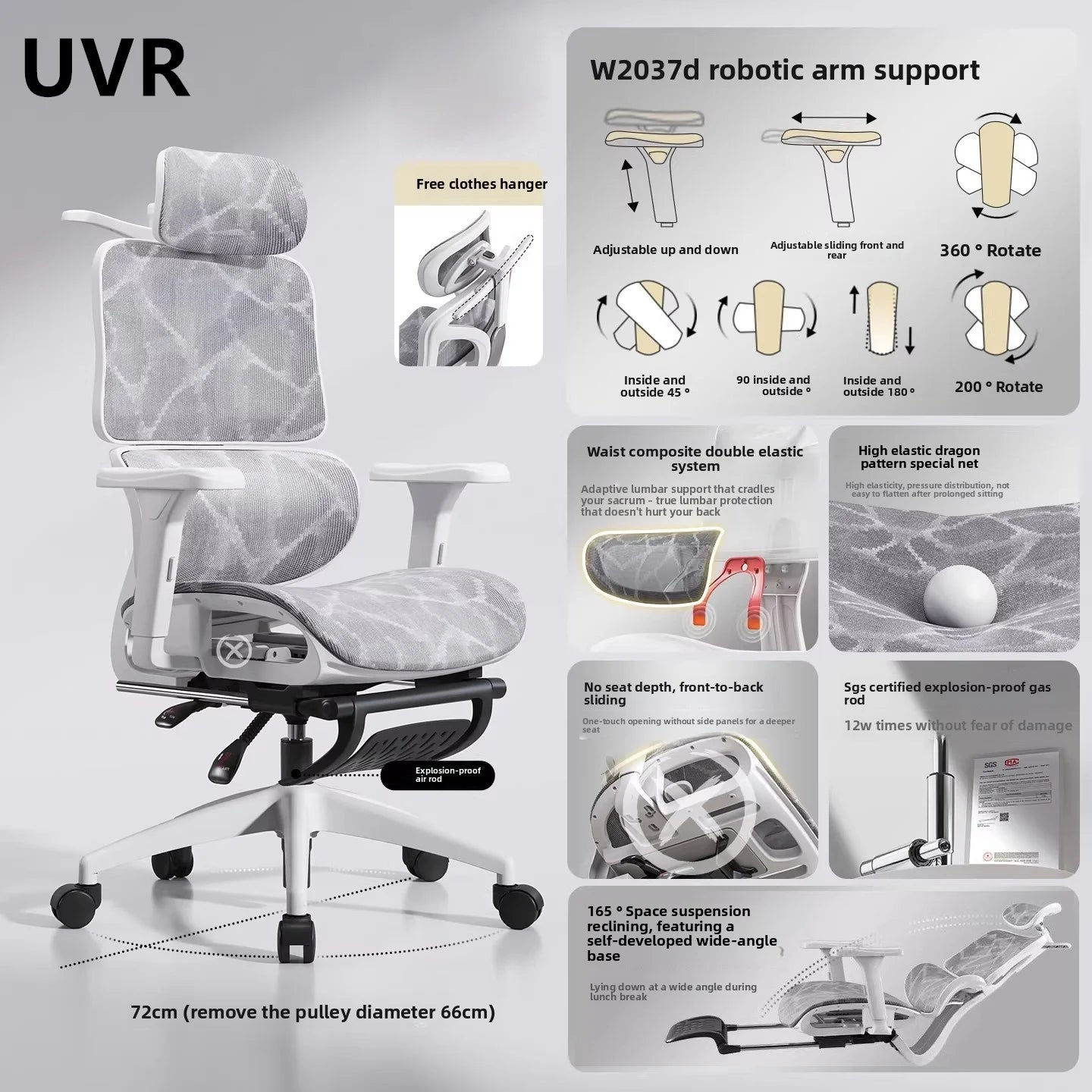 UVR Ergonomic Gaming Chair Comfortable Computer Chair with Footrest, Adjustable Office Chair, Reclining E-Sports Chair for Long Sitting and Work